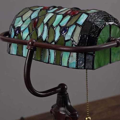 Bieye L10058 Dragonfly Tiffany Style Stained Glass Banker Table Lamp with 10-inch Wide Lampshade and Zinc Base for Reading Working Desk (Green) thumbnail 4