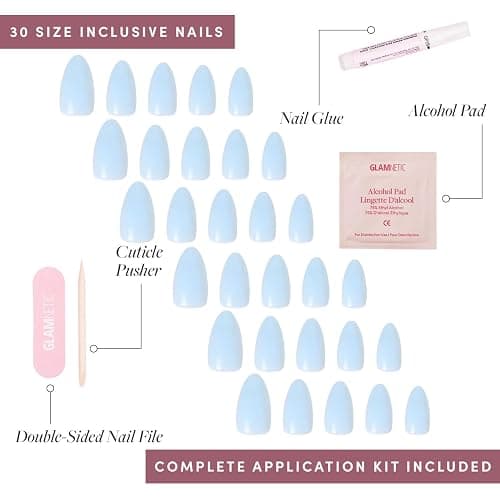 Glamnetic Press On Nails - Blueberry Milk | Solid Opaque Light Blue Short Almond Nails, Salon Quality | 15 Sizes - 30 Nail Kit thumbnail 4