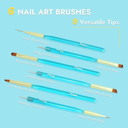 Finea Nail Art Brushes and Dotting Tools 6pcs Set for Gel Polish Gold Blue | Flat, Round, Thin Liner, French Tip, Small Detail Painting, 3D Acrylic Flower Brushes for Builder Gel Polygel Paint Design thumbnail 2