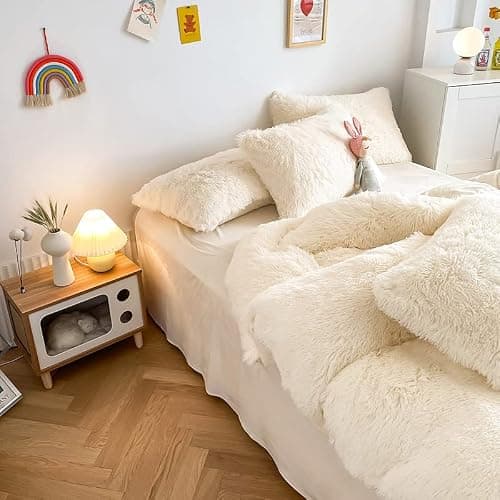 chovy Kids Girls Faux Fur White Comforter Sets Twin/Full - 3PC Bed Set Skin Friendly Soft Warm Comfortable Classical Rabbit Plush Velvet Flannel Fluffy Fuzzy Bedding（Comforter x 1 Pillowcases x 2） thumbnail 4