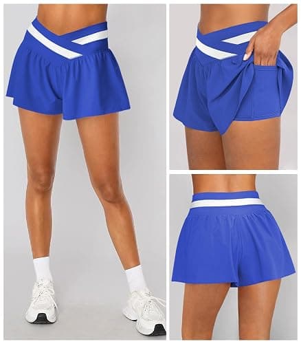 Hragc Womens Athletic Workout Shorts Flowy Butterfly Elastic Crossover High Waisted 2 in 1 Running Shorts Pockets for Women thumbnail 3