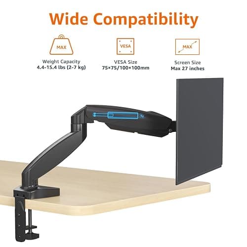 Amazon Basics Gas Spring Single Computer Monitor Arm Mount, Adjustable, Holds up to 27" Monitors, Black thumbnail 3