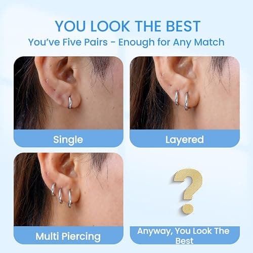 5 Pairs 14K Gold Plated Huggie Hoop Earrings for Women - Lightweight Minimalist Small Hoops, Hypoallergenic Nickel-free Lead-free, Non-Tarnish Everyday Jewelry for Sensitive Ears, Multiple Piercing Stack Set thumbnail 3