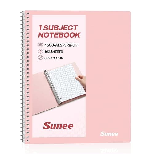 SUNEE Spiral Notebook, 1-Subject, Graph Ruled Paper, 8" x 10-1/2", 100 Sheets per Notebook, 3-Hole Punched Paper, Water Resistant Cover, Spiral Grid Notebooks for Work, Home, School, Writing, Pink - Image 1