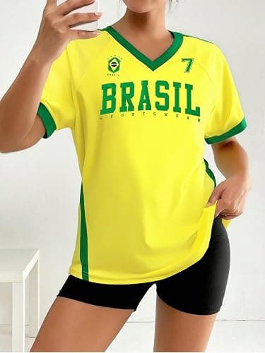 Soccer Jersey Shirts for Women Argentina Brazil Jersey Shirt Soccer Mom Tshirts Y2k V Neck Soccer Fans Tee Top thumbnail 2