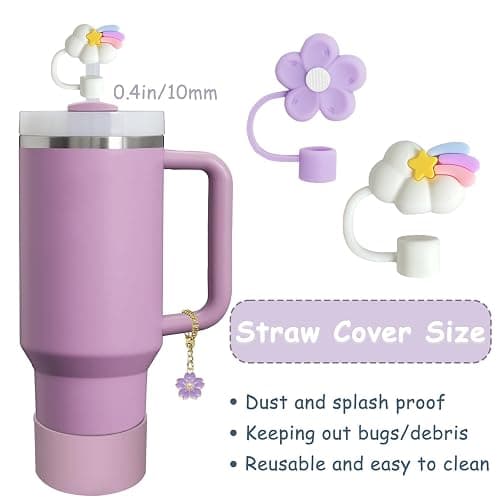 Stanley Cup Accessories Set,Including 2 Pcs 0.4in Straw Cover, 1 Silicone Spill-Proof Stopper Set of 3, 1 Cute Purple Flower Handle Charm, 1 Silicone Boot Fits Stanley 40&30 Oz Tumbler (Lilac) thumbnail 3
