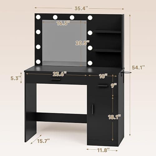 JUMMICO 35.4" Vanity Desk with LED Mirror & Power Outlet, Makeup Vanity Table with 3 Open Storage Shelves, Drawers and Cabinet, 3 Model Adjustable Lights for Bedroom & Dressing Room (Black) thumbnail 2