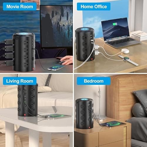 Tower Power Strip Surge Protector with 16 Outlets and 5 USB Ports (2 USB-C), 6FT Extension Cord with Multiple Outlets,Heavy Duty Charging Station,Home Office Dorm Room Essentials. No Wireless Charging - 6FT - Black thumbnail 6