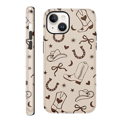 Yomjew Western Phone Case for iPhone 13 / iPhone 14 6.1", Retro Rustic Beige Country Bow Boots Hat Pattern Design Case Glossy Shockproof Cover Soft TPU Hard PC Protection Funda for Girls Women - Image 1