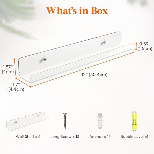 Lifewit Narrow Floating Shelves for Vinyl Record 6 Pack, 12" Clear Wall Shelves for Nail Polish/Book/Picture/Makeup, Acrylic Wall Display Shelf Organizer for Bedroom, Living Room, Bathroom Decor thumbnail 3
