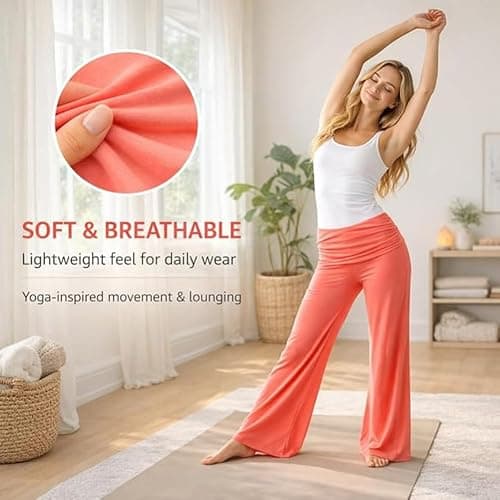Coral Foldover Pants, Wide Leg High Fold Over Waist Palazzo Pant, Corals Pants Fold Over Yoga thumbnail 4