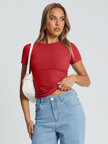 Trendy Queen Womens Stretchy Soft Opaque Basic T Shirts - Slim Fit Short Sleeve Y2k Cute Summer Crop Workout Tops thumbnail 5