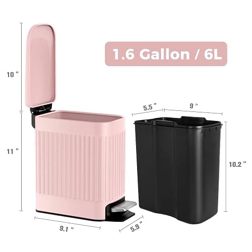 TrashAid Pink Bathroom Trash Can, 1.6 Gallon Stainless Steel Small Garbage Can with Lid, Step Pedal, Cute Wastebasket for Bathroom, Office, Bedroom, RV, Pink thumbnail 8
