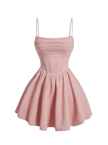 SHENHE Women's Ruched Corset Dress Spaghetti Strap Fit and Flare Flowy Skater Mini Cami Dress - Image 1