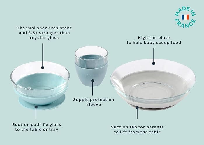 BEABA 3-Piece Glass Meal Set with Silicone Suction, Toddler Plate and Baby Bowls with Suction, Non Slip Kids Dinnerware Set, 2.5x Stronger than Regular Glass, (Rain) thumbnail 3