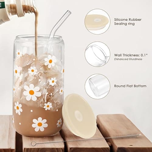 Daisy 16 Oz Can Glass Tumbler with Acrylic Lid and Straw - Iced Coffee Cups for Women, Aesthetic Glass Cup Gift for Birthday Christmas thumbnail 4