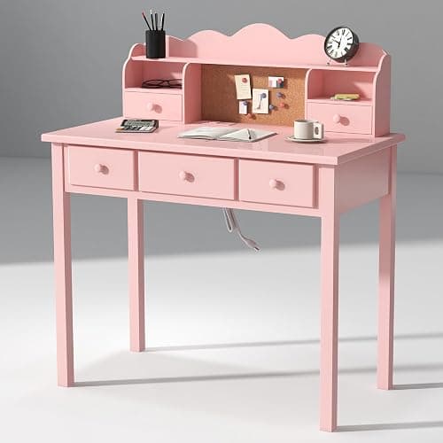 FUNKOCO Home Office Furniture Writing Desk,Computer Work Station with Detachable Hutch,5 Drawers(Pink) - Image 1