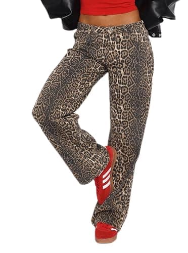 Justalwart Women's Leopard Print Mid Rise Light Weight No Stretch Wide Leg Pants Baggy Jeans - Image 1