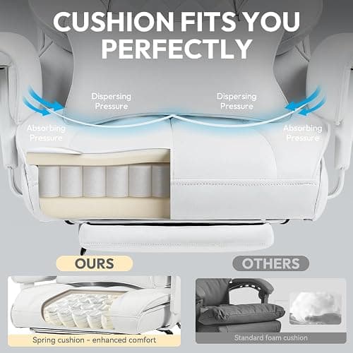 Dowinx Big and Tall Office Chair, High Back PU Leather Computer Gaming Chair with Pocket Spring Cushion, Adjustable Armrests, Lumbar Support, and Footrest –Light White thumbnail 3