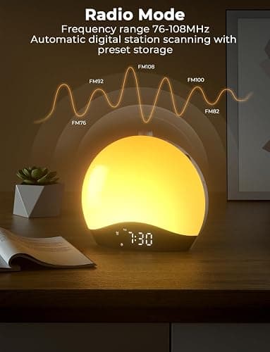 LIORQUE Sunrise Alarm Clock Wake Up Light Clock with Sunrise/Sunset Simulation, 8 Colors Atmosphere Lamp, 22 Natural Sounds, Dual Alarms, Snooze and FM Radio, Light Up Alarm Clock Bedside thumbnail 4