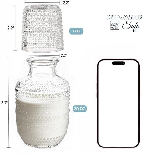 ZOOFOX Set of 2 Vintage Bedside Water Carafe and Glass Set, Clear Embossed Night Water Carafe with Tumbler Glasses, Elegant Pitcher and Matching Drinking Glass, Easy-Access for the Night thumbnail 3