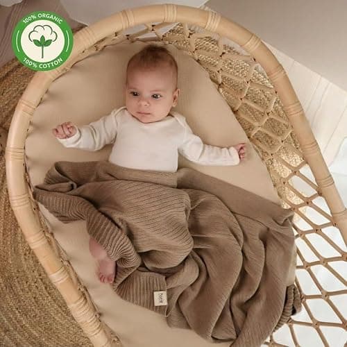 Huxie 100% Organic Cotton Knit Receiving Baby Blanket for Newborns - Soft, Breathable Blanket for Crib & Stroller - Nursery Gift (Mochachino) thumbnail 6