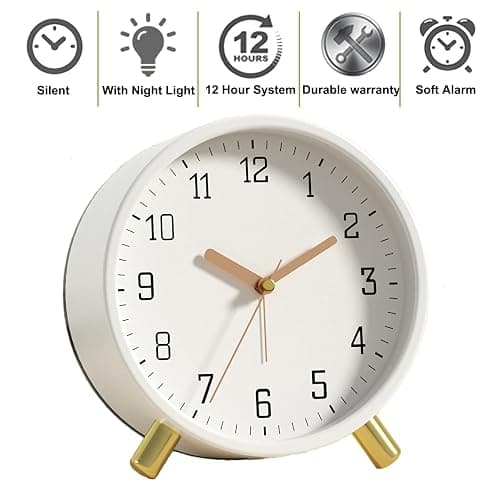 SHISEDECO Alarm Clock with Backlight, 4.5 inches Bedside Analog Non-Ticking Silent Small Deskclock with Arabic Numerals, Battery Operated Round Tableclock for Living Room, Bedroom (White) thumbnail 4