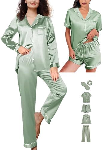 WJing Yi Jia 6Pcs Womens Silk Satin Pajamas Set XS-XXL Pajama Sets Pjs Set Button Down Pj Sets Sleepwear Loungewear thumbnail 4