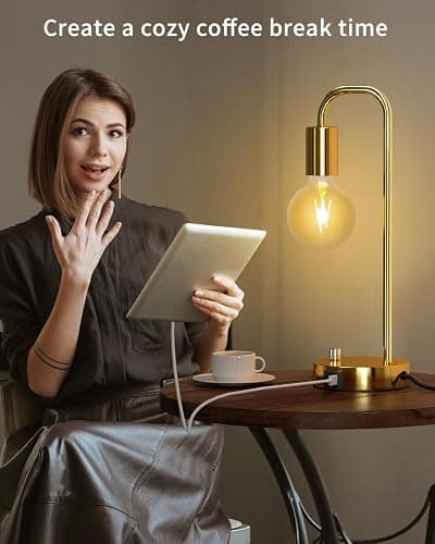ONEWISH Industrial Table Lamp with 2 USB Port, Stepless Dimmable Nightstand Bedside Lamps for Bedroom,Desk Lamps with 2700K Gold Gradient Bulb for Reading Living Room thumbnail 5