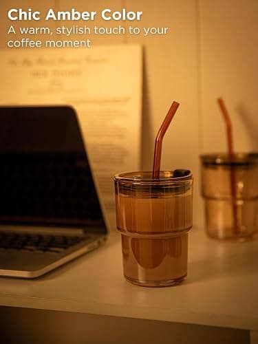 Olvini 13oz Glass Tumbler with Straw and Lid, Reusable Iced Coffee Cup Tumbler, Cute Glass Cups for Water, Matcha, Travel Coffee Mugs (Amber - 13oz) thumbnail 6