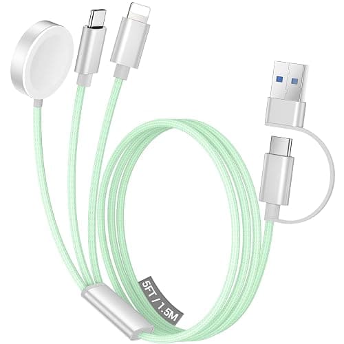 Temdan for Travel Vacation Essentials,3 in 2 USB C Cable for Apple Watch Charger/iPhone 17 Charger/Lightning,Multi Charging Cable Cord,Camping Essentials,Designed for iWatch &iPhone 16-12-5FT Green - Image 1
