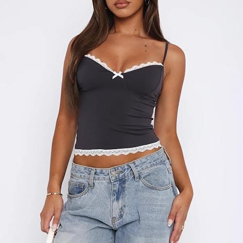 Women Y2k Spaghetti Strap Camisole Crop Top Deep V Neeck Slim Fitted Vest Going Out Shirt Tank Tops Streetwear thumbnail 5