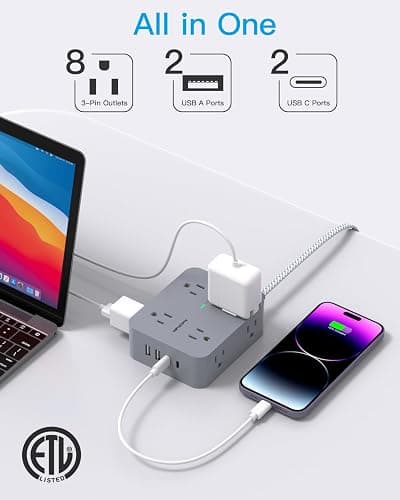 Power Strip with USB C Ports(2 USB C), HANYCONY 8 Outlets Surge Protector with 5 Ft Extension Cord, Flat Plug Wall Mount, Desk Charging Station for Home Office, ETL Listed Gray thumbnail 2