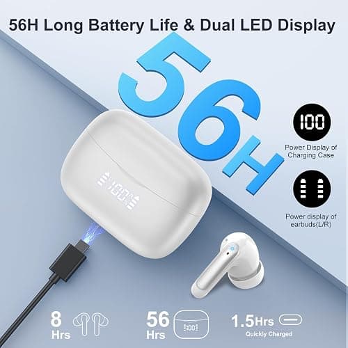WeurGhy Wireless Earbuds, HiFi Sound Bluetooth 5.3 Headphones with 4 ENC Noise Mic, 56H Playtime Ear Buds with LED Display, USB-C, IPX7 Waterproof Wireless Headphones for Sports Workout thumbnail 7