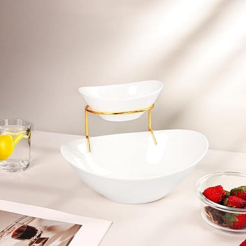 LIUYWYHCF Tierd Serving Oval Bowl Set, Oval 2 Tier Chip and Dip Bowls with Stand, for Nuts, Salsas, Food Tray, Ceramic Appetizer Serving Display Stand for Parties, Entertaining thumbnail 2