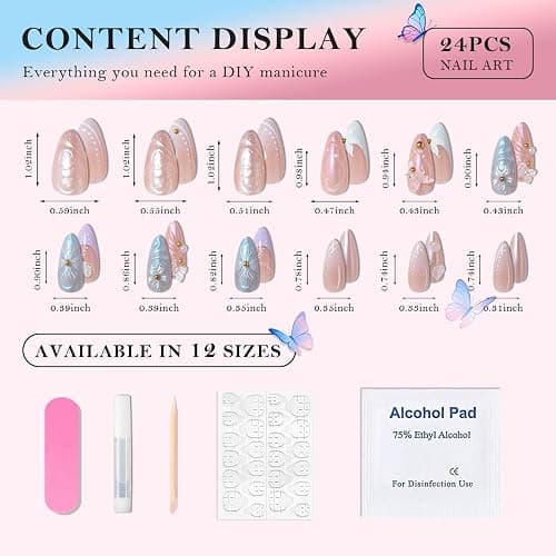 XZMeiLun Handmade 3D Flower Butterfly Blue Pink Press On Nails Almond Medium, Floral Pearl French Tip Designer Reusable Acrylic Fake Nails With Cute Charms Glue On Nails, Daily Wear Nails For Women thumbnail 5