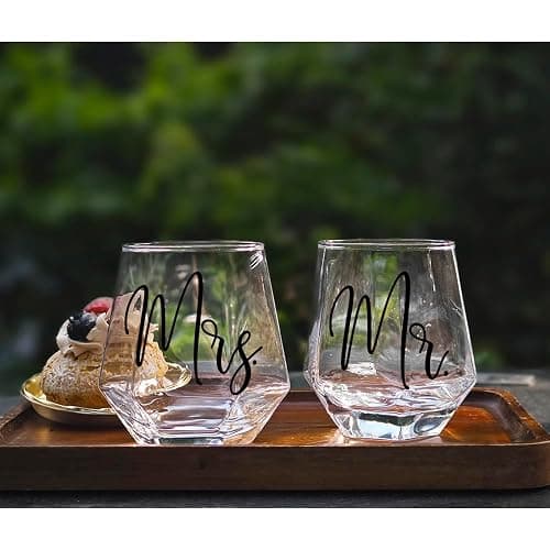 Vagafilla Mr Mrs Stemless Wine Glasses Gift Set 15oz, Couples Gifts for Bridal Shower Engagement Anniversary Wedding Shower Valentine's Day Birthday Christmas, 1 Pack Reusable Burlap Wine Bag-38 thumbnail 5