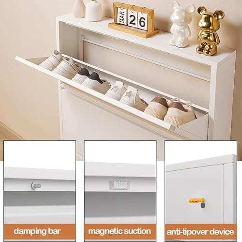 iCHENGGD Shoe Storage Cabinet with 3 Flip Drawers, Hidden Slim Narrow Shoe Rack Cabinet, Wall Mount Metal Shoe Cabinet for Entryway, White thumbnail 5