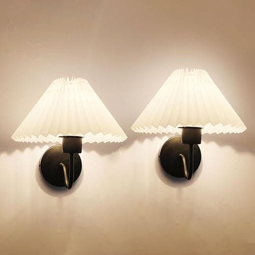 IBalody Black Wall Sconces Sets of 2, Pleated Fabric Wall Lamp Modren Bedside Wall Light Bathroom Dresser Vanity Light Hardwired Wall Lighting for Bedroom Living Room Hallway Kitchen - Image 1