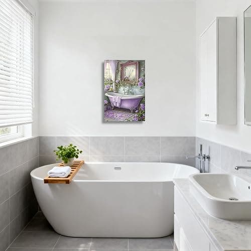 XLMDYYSW Purple Bathroom Canvas Wall Art Vintage Bathtub with Rose Pictures Rustic Floral Botanical Painting Print for Luxury Toilet Restroom Home Decor Framed (Purple, 18L x 12W) thumbnail 4