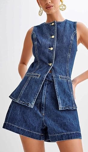 colarat Women's Denim 2 Piece Set Casual Business Sleeveless Jean Blazer Vest Tops and Shorts Outfit Tracksuits thumbnail 3