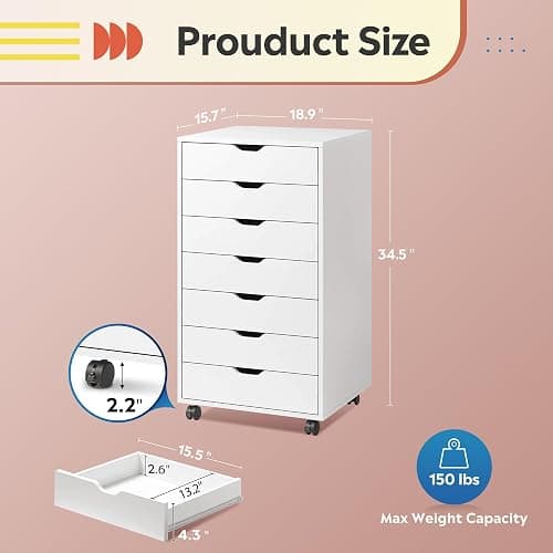 DEVAISE 7-Drawer Chest, Wood Storage Dresser File Cabinet with Wheels, White thumbnail 3