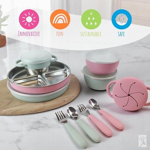Elk and Friends Stainless Steel Mealtime Bundle with Sleeves | 10pc Set | Kids/Toddler Dinner Set | Silicone Sleeves | 7.8" Plates, Bowls, Snack Cups, Toddler Utensils | Travel Lids | Dishwasher Safe thumbnail 8