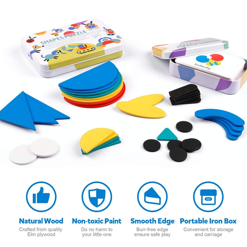 Coogam Wooden Pattern Blocks - Tangram Shape Puzzle Set Color Sorting Stacking Game Wood Animal Jigsaw Preschool Montessori Brain Teaser STEM for 3 4 5 Years Old Toddler Kid (60 Pattern Cards) thumbnail 5