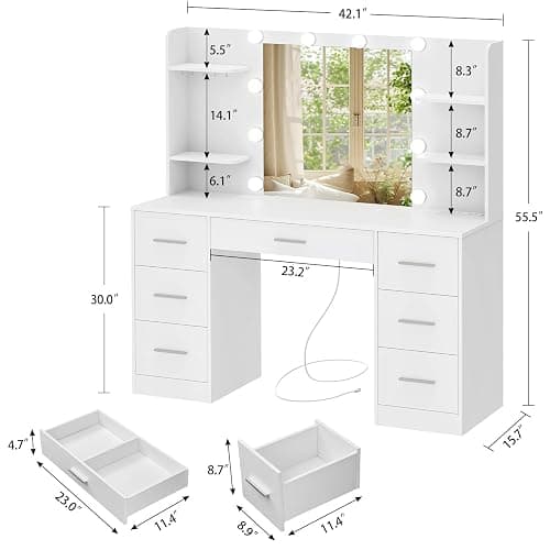 Quimoo Large Vanity Desk with LED Lighted Mirror & Power Outlet,Makeup Vanity Table with 7 Drawers,4 Shelves and 5 Hooks,Vanity Table, Vanity Desk Set for Bedroom,Bathroom,White thumbnail 2