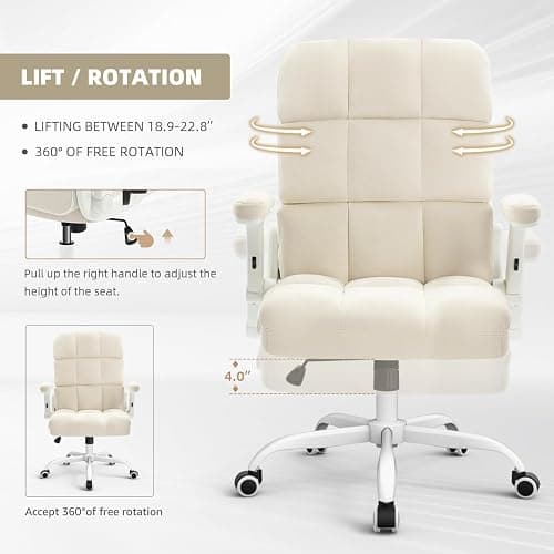 SEATZONE Home Office Chair–Beige Velvet Desk Chair with Wheels, Comfortable Computer Work Chair with Flip-up Arms and Adjustable Tilt thumbnail 9