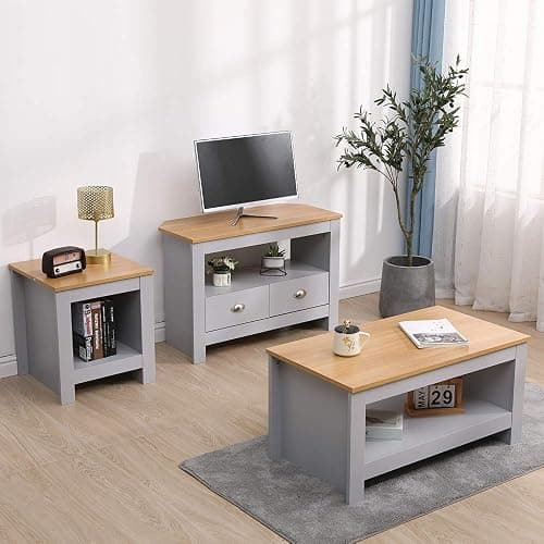 Kingwudo® Living Room 3 Pieces Set Furniture (Lamp Table and Coffee Table and Corner TV Unit) Modern Cabinets Set Grey+OakColor or White+Oak Color (Grey+Oak Color) thumbnail 2