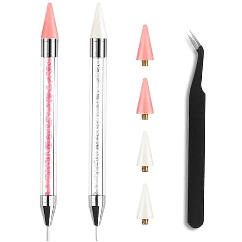Kaychan Rhinestone Picker Tool 2 Acrylic Handle Rhinestones Applicator Dual-Ended DIY Nail Art Tool with 4 Extra Wax Tips and 1 Tweezer - Image 1
