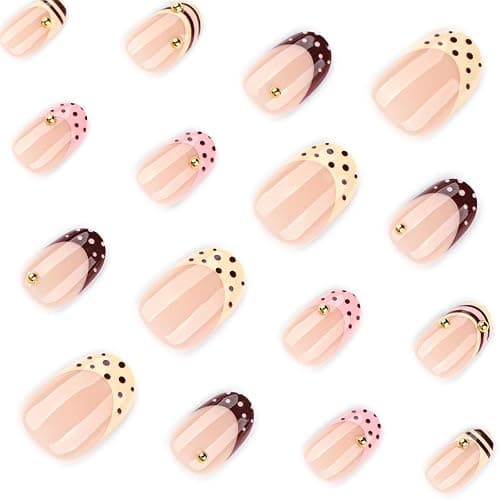 Short Press on Nails Oval - Cute French Tip Fake Nails with Striped & Polka Dots Designs,Y2K Reusable Acrylic Full Cover Glue on Nails for Women Girls Manicure 24Pcs thumbnail 3