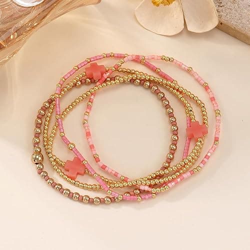 Bohxantium Gold Beaded Bracelets Stack for Women Stackable 14K Gold Plated Beads Ball Cross Bracelet Boho Christian Jewelry Faith Friendship Birthday Gifts for Women thumbnail 5